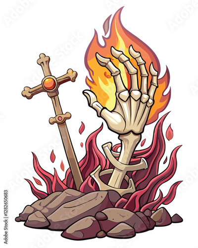 A skeletal hand, decaying and dirt-encrusted, bursts from cracked earth, clutching at something unseen.  Dark, moody lighting.