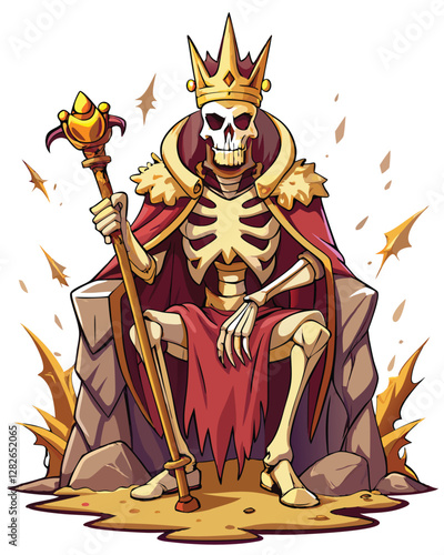 A regal skeletal king, adorned with a decaying golden crown, grips a scepter.  Intricate details showcase bone texture and crown decay.
