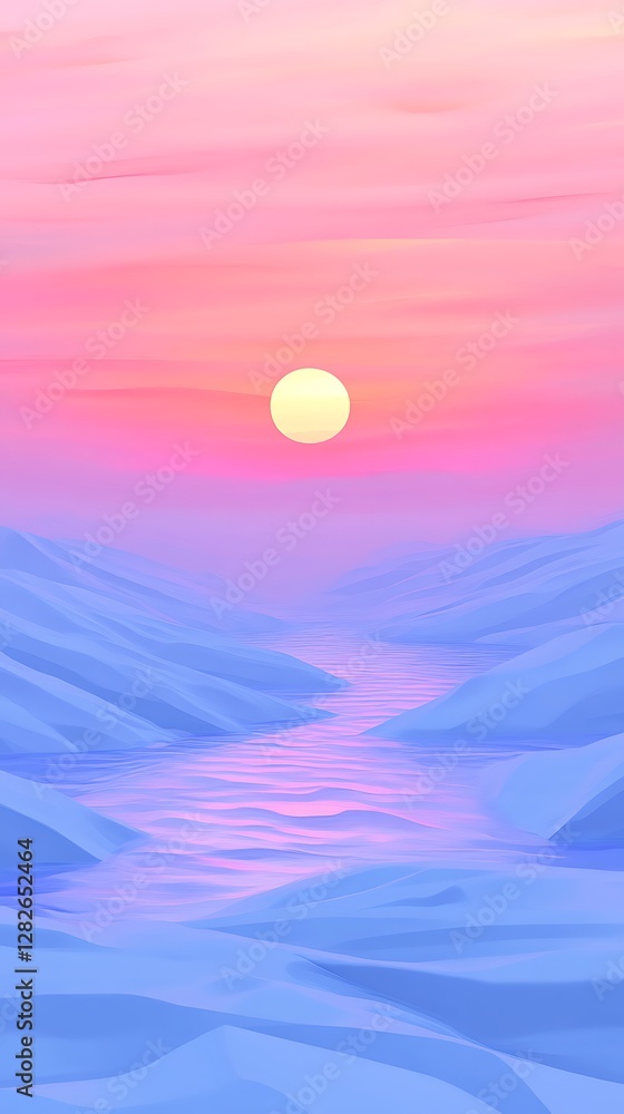 Fototapeta premium Pastel Sunset Over Snowy Mountain Valley