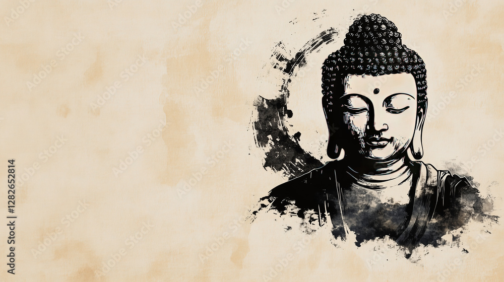 A black ink brush painting of Buddha on a textured beige parchment background with copy space A black ink brush painting of Buddha on a textured beige parchment background with copy space