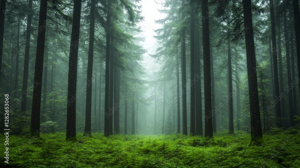 Fototapeta premium Misty Forest Path Green Trees Nature Woodland Fog
