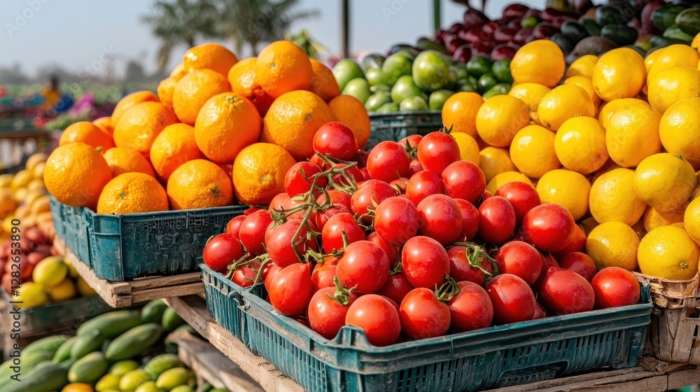 A vibrant display of fresh tomatoes, oranges, and lemons stacked in baskets at a lively outdoor market. A vibrant display of fresh tomatoes, oranges, and lemons stacked in baskets at a lively outdoor market.