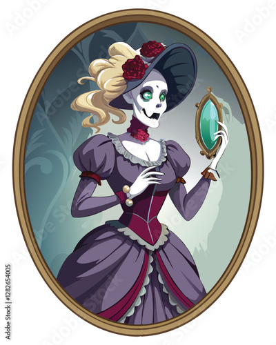 A Victorian-era skeletal woman, elegantly dressed, delicately holds a single, wilting rose.  The image should evoke gothic romance.