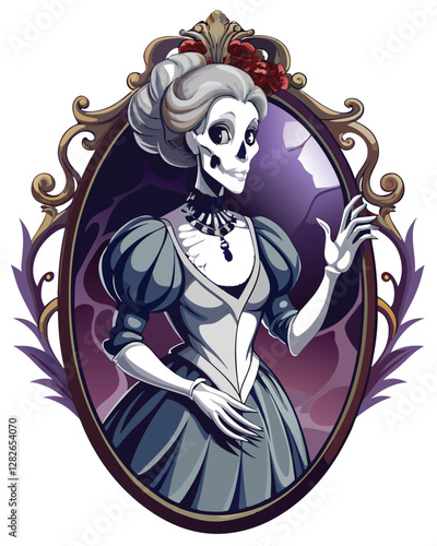 A Victorian era skeletal woman, elegantly dressed, delicately holds a single, crimson rose.  Dark, moody lighting.