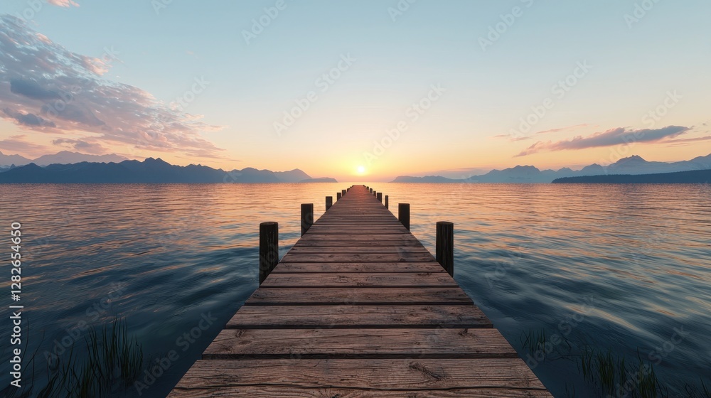 Fototapeta premium A tranquil wooden pier extends into a serene lake at sunset, with distant mountains silhouetted against a colorful sky.