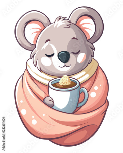 A cute, sleepy koala, nestled in a soft, fluffy blanket, contentedly sipping tea from a tiny cup.