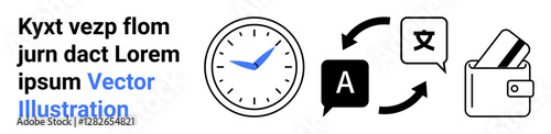 Clock indicating time, chat icon with arrow, translation icon, and wallet with credit cards. Ideal for time management, multilingual communication, financial services, mobile apps, web design