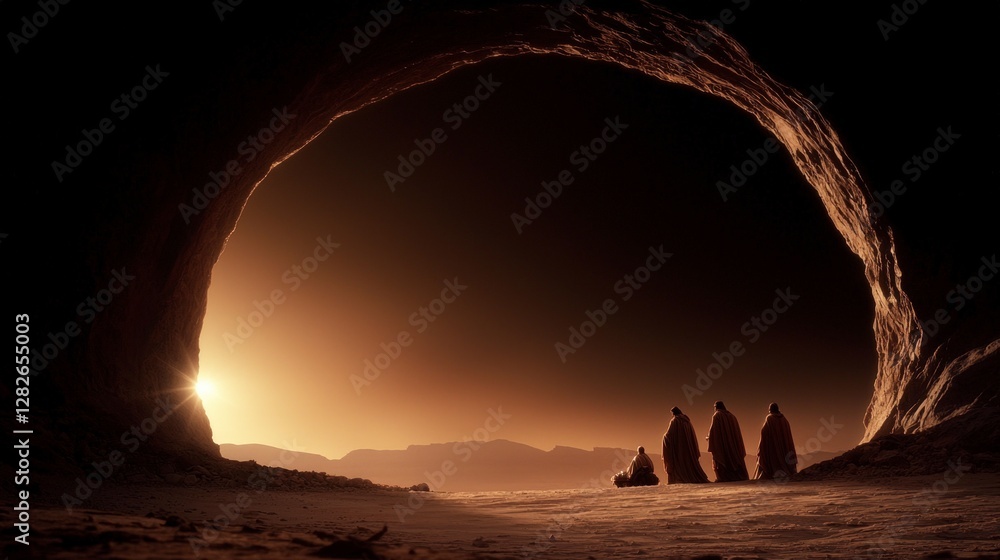 Desert Sunset Three Figures at Sunrise Cave Arch Epiphany Religious Journey Desert Sunset Three Figures at Sunrise Cave Arch Epiphany Religious Journey