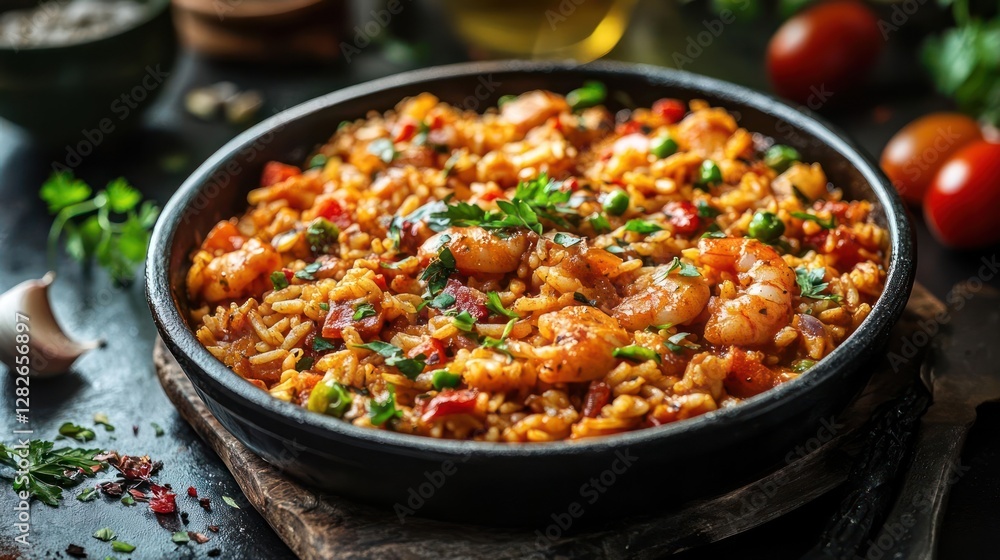 Paella with shrimp and vegetables in a black bowl. Paella with shrimp and vegetables in a black bowl.