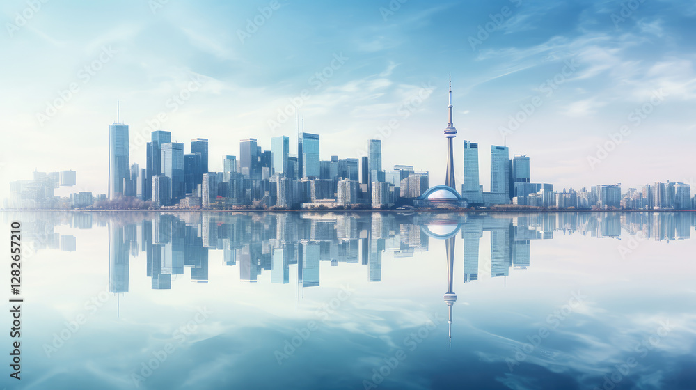 Naklejka premium Futuristic City Skyline Reflecting on Water