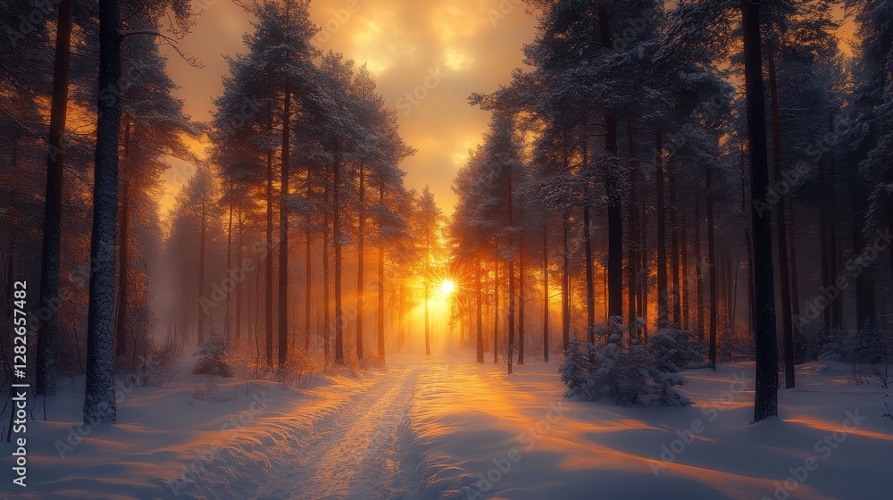 Golden Sunset Path Through Snowy Pine Forest Golden Sunset Path Through Snowy Pine Forest