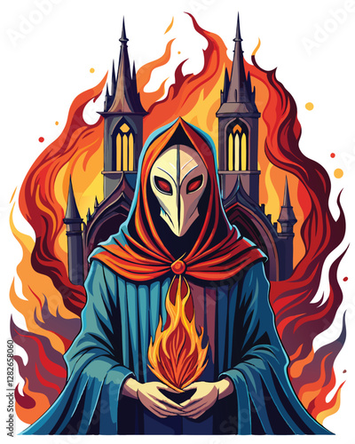 A surreal, enigmatic figure, entirely obscured by an elaborate, otherworldly mask, stands in a dimly lit, dreamlike landscape.