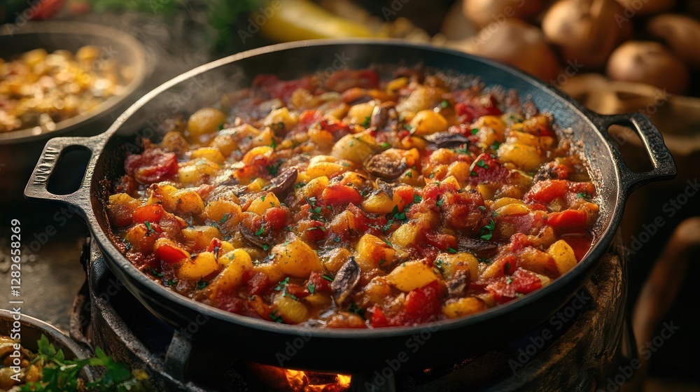 Stir-fry of potatoes and tomatoes in a skillet Stir-fry of potatoes and tomatoes in a skillet