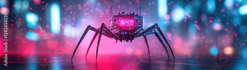 Futuristic robotic spider exploring neon cityscape urban environment digital art nighttime viewpoint photo