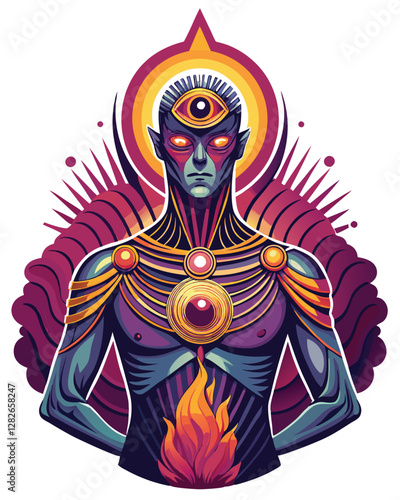 Render a surreal portrait a human-like figure with a luminous, all-seeing eye embedded in their forehead, radiating ethereal light.