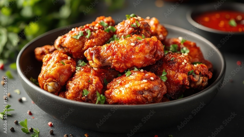 A bowl of chicken wings with sauce and herbs. A bowl of chicken wings with sauce and herbs.