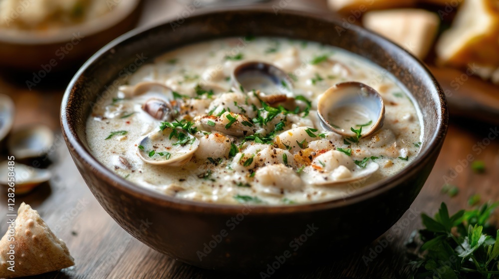 A bowl of clam chowder with clams and herbs A bowl of clam chowder with clams and herbs