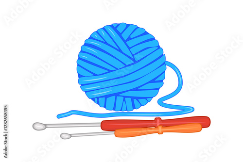 Ball of yarn and crochet hook isolated on white background. Hobby, needlework, homework. Tools for knitwork, handicraft, crocheting, and crochet. Handmade and hobby. Stock vector illustration