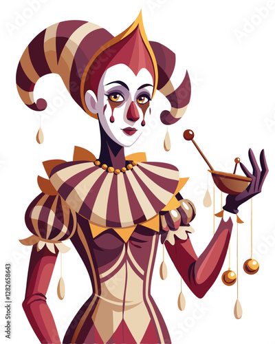 A surrealist painting of a harlequin, hollow-eyed and melancholic, holding a single, oversized letter 'B'.  The setting is ambiguous and dreamlike.