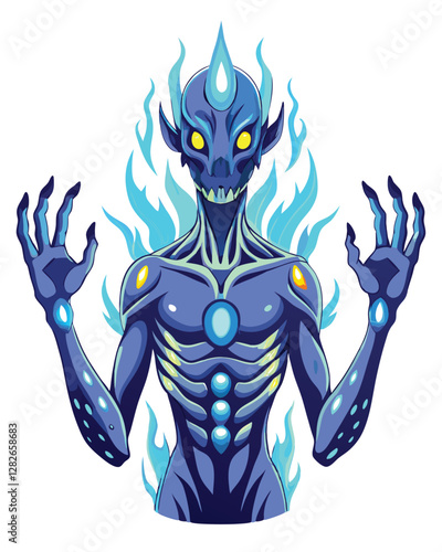 Generate a surreal image of a humanoid figure, its hands sprouting from its body like grotesque plant growth.  Focus on detail and unsettling beauty.