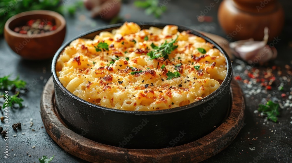A classic comfort food dish made with macaroni pasta, cheese sauce, and various toppings. A classic comfort food dish made with macaroni pasta, cheese sauce, and various toppings.