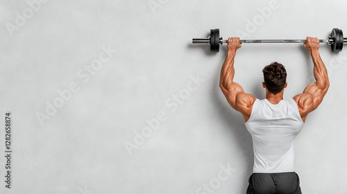 Muscular Man Overhead Barbell Press Against Gray Wall