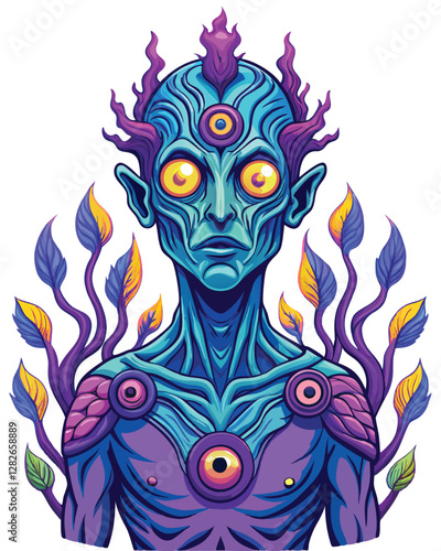 A surreal humanoid figure, bioluminescent, with multiple extra eyes sprouting organically from its skin and head.  Detailed, intricate, and unsettling.
