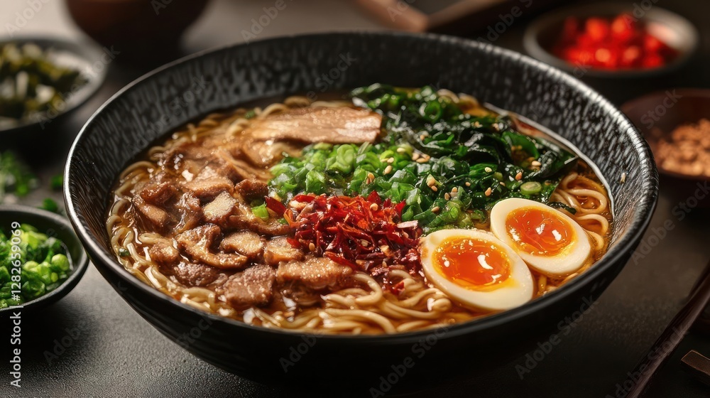 A delicious bowl of ramen with vegetables and meat A delicious bowl of ramen with vegetables and meat