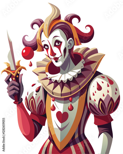 A surreal jester with a cracked porcelain face, melancholic eyes, and a tattered, vibrant jester's costume.  He holds a single, wilting red rose.