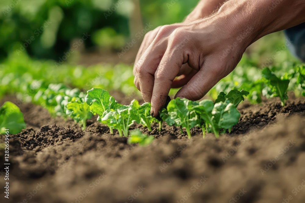 A close-up of a farmer’s hands carefully planting a lettuce seedling into rich soil, with green rows of crops in the background. A close-up of a farmer’s hands carefully planting a lettuce seedling into rich soil, with green rows of crops in the background.
