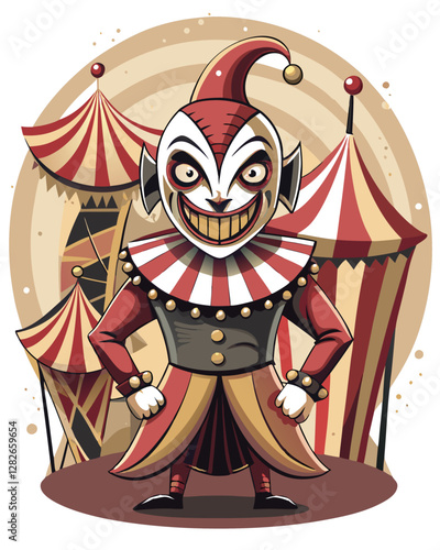 Render a terrifying harlequin with an exaggerated, unsettling grin,  oversized features, and a vibrant, yet disturbing, costume.