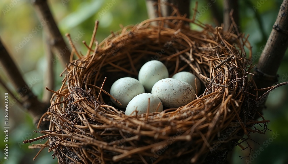 Bird's nest with speckled eggs nestled among twigs and greenery in a serene natural setting Bird's nest with speckled eggs nestled among twigs and greenery in a serene natural setting