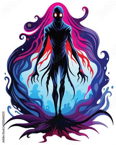 Render a terrifying shadow creature, its elongated limbs impossibly thin and reaching, emanating an aura of dread.  Focus on detail and unsettling anatomy.
