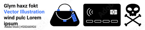 Black handbag with key tag, contactless bank card, and skull with crossbones warning. Ideal for fraud prevention, cybersecurity, online theft, data security, payment risks, e-commerce safety flat