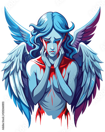 A fallen angel, wings shattered, weeps crimson tears; ethereal beauty marred by profound sorrow and despair.  Illustrate intense emotional pain.