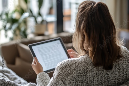 A backview of a Caucasian woman reading a document on a tablet while participating in an online discussion.