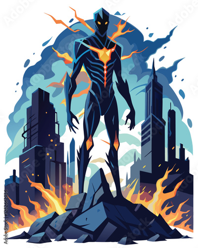 A colossal, shadowy figure, its form fractured by glowing, ethereal cracks, looms ominously against a dark, undefined background.
