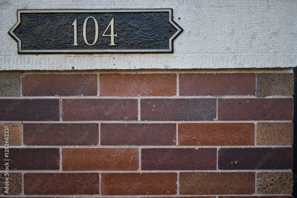 Obraz premium 104 on placard. Red brick building.