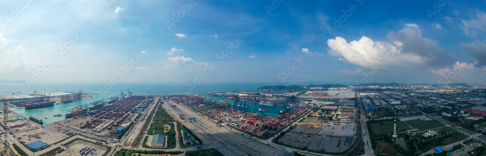 Fototapeta premium Aerial view of business logistic import-export transport sea freight transportation. Network logistics partnership connection busiest container ports. Container ships loading and unloading background.