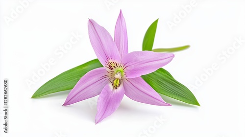 Pale Pink Flower With Green Leaves On White Background