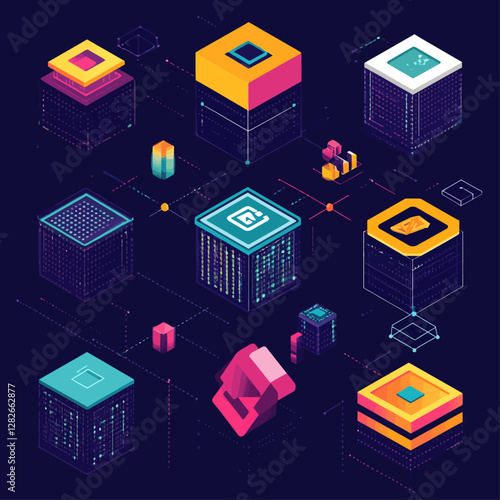 Abstract Isometric Data Cubes Network, Server, Blockchain, Connection