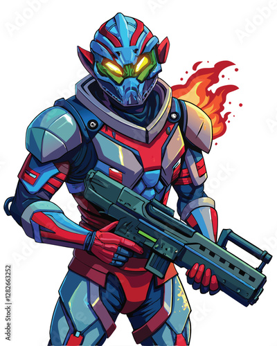 A battered alien warrior, scarred and mud-caked, stands amidst the wreckage of a battlefield, his armor showing signs of intense combat.