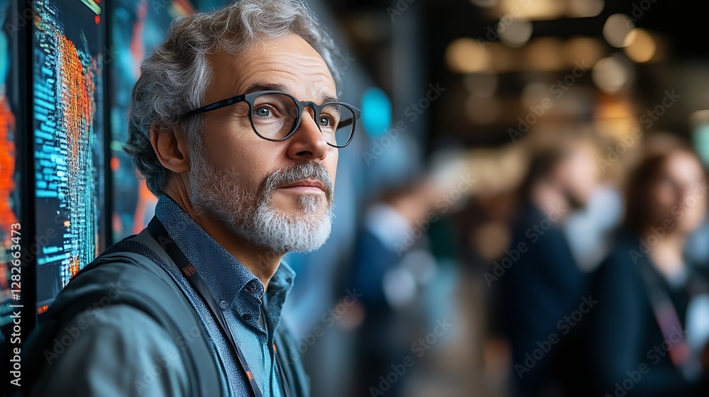Thoughtful man in control room, data screens, crowd Thoughtful man in control room, data screens, crowd