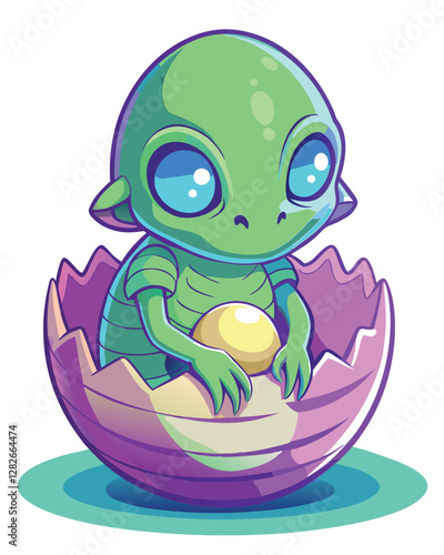 A cute, slimy baby alien emerges from a bioluminescent egg, its large eyes wide with wonder.  The egg glows intensely.