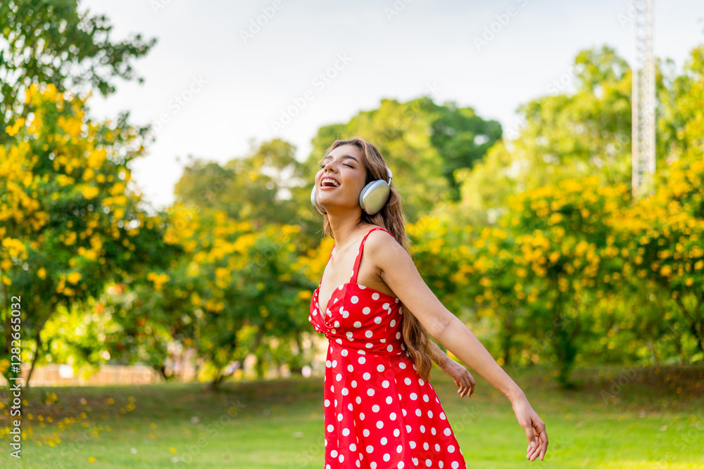 Obraz premium Young Woman in Retro Red Polka Dot Dress Wearing Headphones Listening and Enjoying Music in a Park Happily, Immersing with Nature