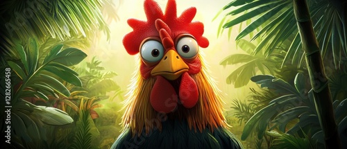 A Confused Rooster Character in Cartoon Style Surrounded by Lush Greenery, Perfect for Illustrations in Children’s Books or Fun Marketing Campaigns