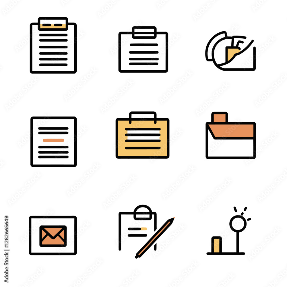 Office paperwork icons including mail, folder, pen, bulb and clipboard Office paperwork icons including mail, folder, pen, bulb and clipboard