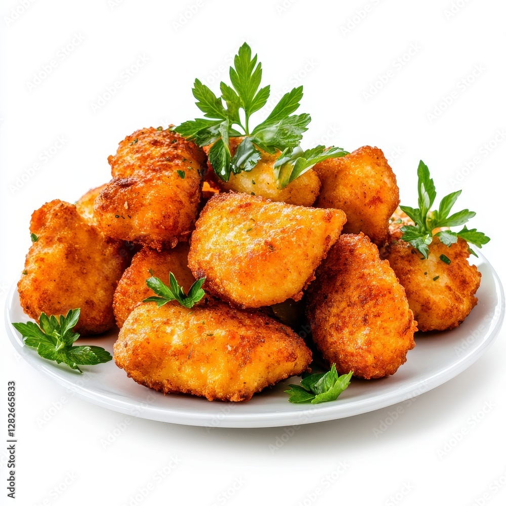 Crispy Fried Chicken Nuggets on White Plate Crispy Fried Chicken Nuggets on White Plate