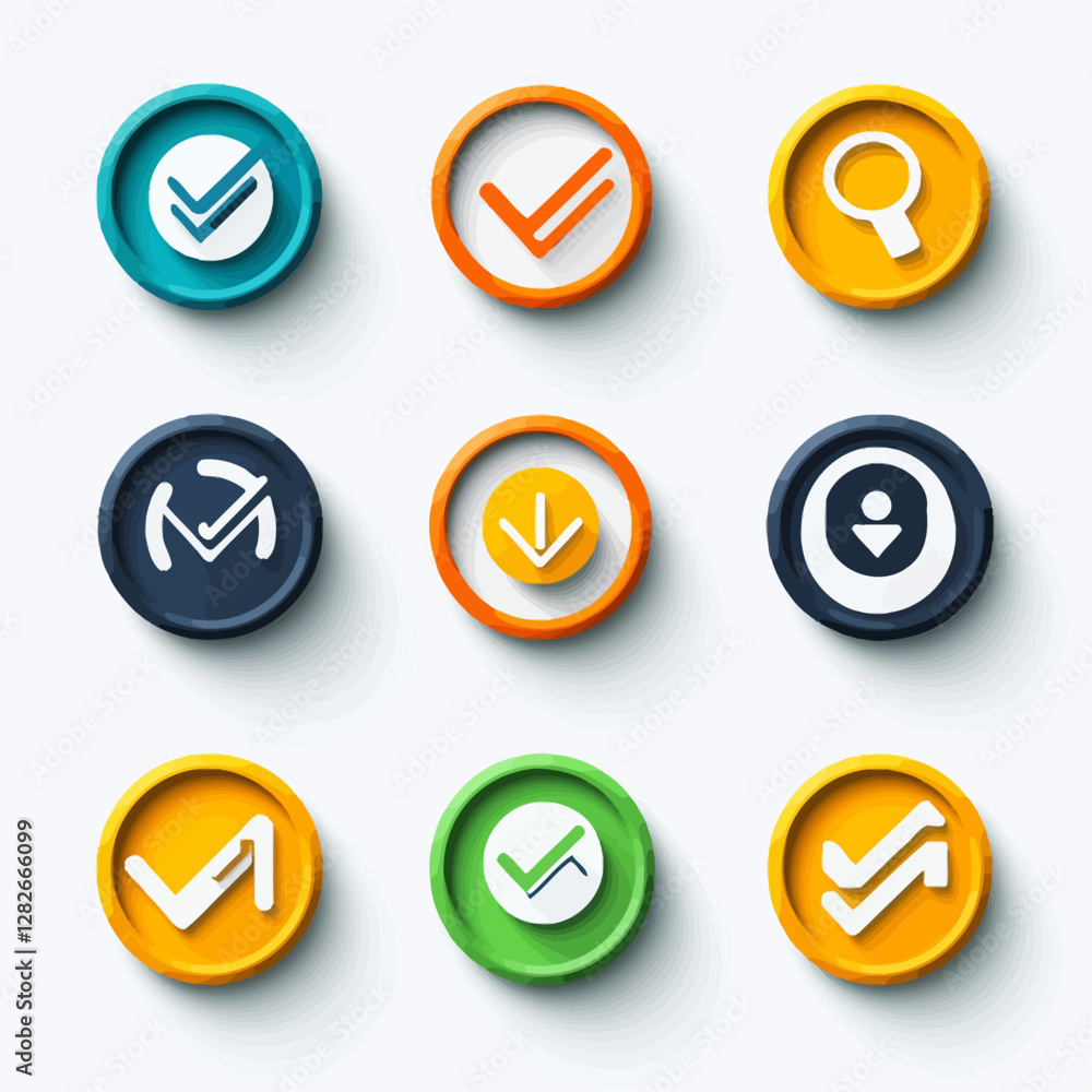 Colorful Round Buttons with Check Marks, Arrows, and Magnifying Glass Colorful Round Buttons with Check Marks, Arrows, and Magnifying Glass