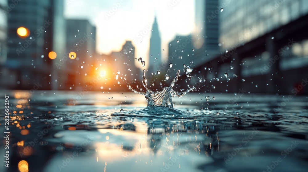 Obraz premium Urban Water Drop Splash Cityscape Sunset Reflection
